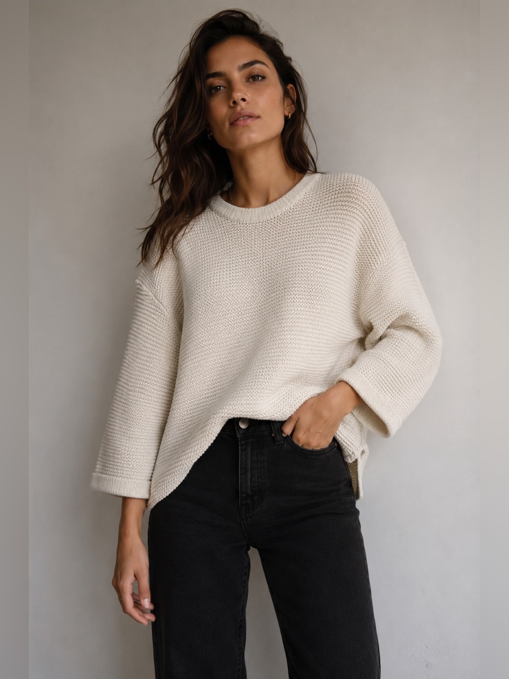 Eddie Bauer Cotton Knit Cream Crewneck Sweater Size L